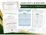Printable Editable Official High School Transcript and High School Diploma 