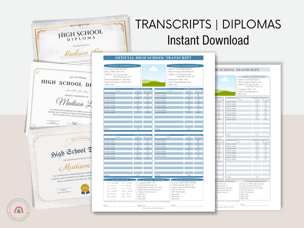 Printable Editable Official High School Transcript and High School Diploma 